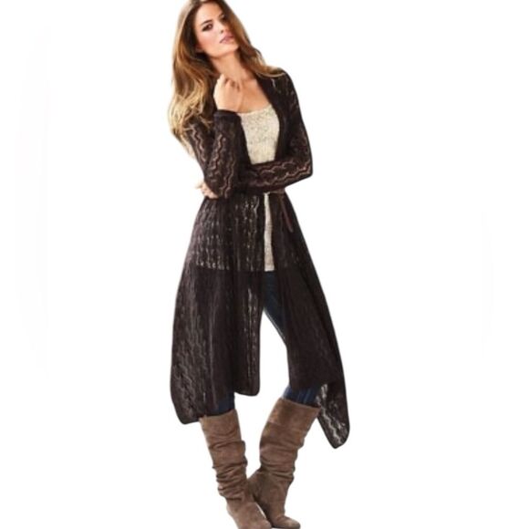 VTG Moda International Pointelle Knit Cardigan Chocolate Brown Baby Mohair Wool - Picture 2 of 12